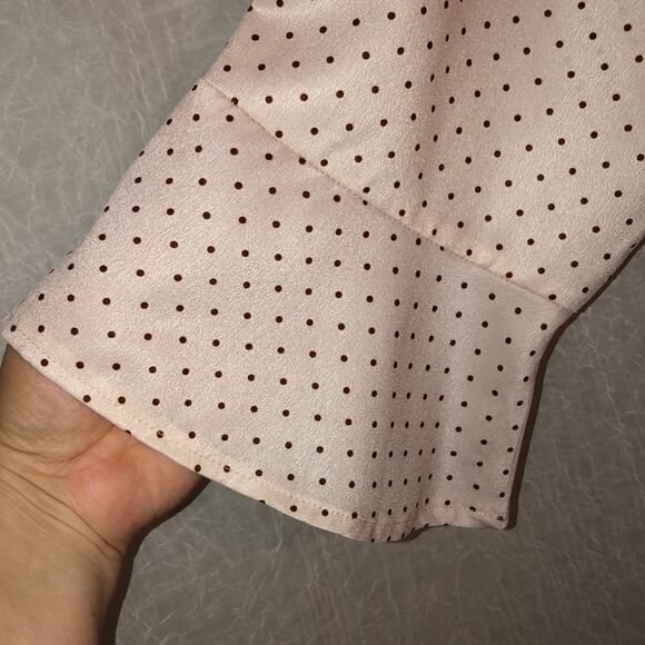 Nasty Gal 14 Well Spotted Peplum Bell Sleeve Faux Wrap Cream Brown Polka Top - Picture 9 of 16